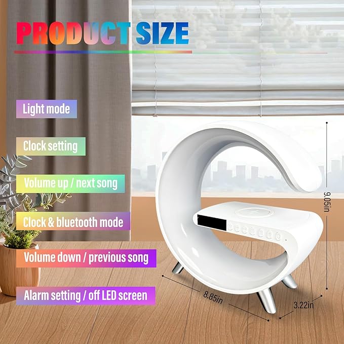 Smart LED Table Lamp,4 in 1 Night Light,Wireless Charger,Alarm Clock and Bluetooth Speaker with App Control Color Changing Lamp for Bedroom, Office, and Home Decor (White)