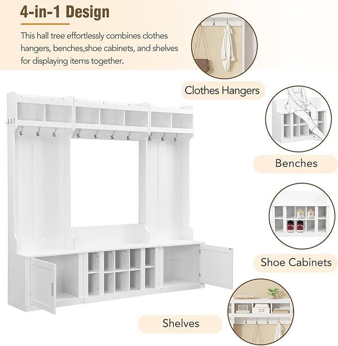 Modern Hall Tree with Storage and Bench, 4-IN-1 Multi-Functional Entryway Bench with Coat Rack and Shoe Cubbies, Practical Furniture for Mudrooms Organization Entryway Living Room (White-65f)