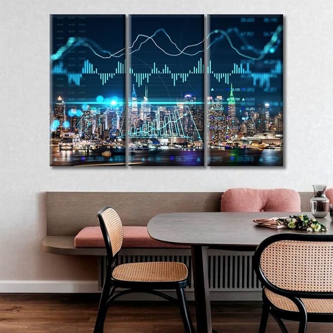 TUMOVO New York City Skyline Background Forex Graph Hologram Canvas Paintings Wall Art for Living Room 3 Piece Artwork Wall Decor Living Room Print on Canvas Framed Ready to Hang (60" Wx40 H)