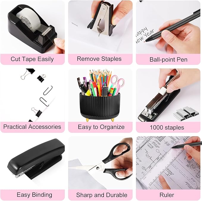 Black Desk Organizers and Accessories Set with 360-Degree Rotating Pen Holder, Tape Dispenser, Stapler, Staple Remover, 1000 Staples, Tape, Clips Set, Ruler, Scissor, Pen