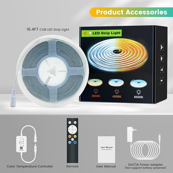 COB LED Strip Lights, 16.4ft Tunable White CCT LED Strip, 24V Dotless Dimmable Tape Light 3000K-6000K, DIY Cuttable Flexible Kit with Bluetooth Remote and Power Plug for Bedroom Kitchen Cabinet Decor