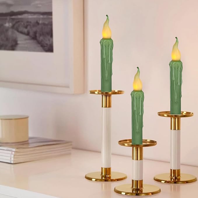 Sage Green Flameless Short Taper Candles, Real Wax Hand Dipped LED Battery Operated with Remote, Flickering Flame Lights for Festival Party Home Décor, 6.7 Inch Primitive Flameless Candles, 2PCS