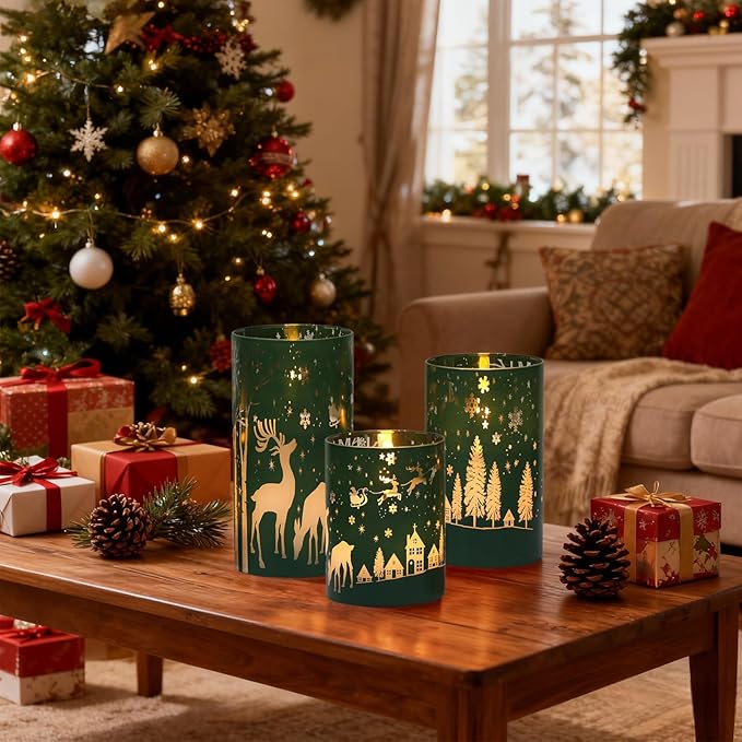 Wondise Christmas Reindeer LED Flameless Candles with Remote Timer, Electroplate Glass Battery Operated Real Wax Flickering 3D Wick Pillar Candles for Christmas Holiday Home Decoration