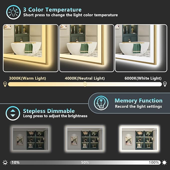 55x40 Gold LED Bathroom Mirror with Lights, Brushed Gold Framed Backlit and Front Lit Anti-Fog Lighted Vanity Mirrors for Bathroom Wall, Dimmable, 3 Colors, Memory, HD Tempered Glass, CRI＞90