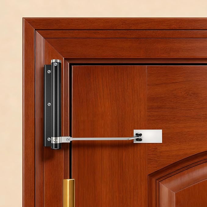 Automatic Door Closer, Stops Door Slamming, Ultra-Quiet Soft Close for Home & Apartment Doors, Upgraded Aluminum Roller Arm, Scratch-Free, Adjustable Speed, Self Closing Spring Door Closer, Black