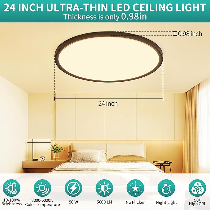 24 Inch LED Flush Mount Ceiling Light,56W Ultra-Thin Modern Round Light Fixture with Remote,Dimmable 3000K-6000K,Black,5600LM,Memory & Night Light Mode for Bedroom, Kitchen,Living Room