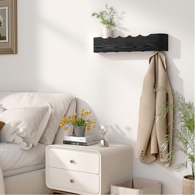 Coat Rack Wall Mount Entryway Organizer Modern Key Holder Wall Mount with Wooden Shelf Entryway Hooks for Bedroom Kitchen Hallway Bathroom for Hanging Coats Hats Dog Leashes Bags Towels