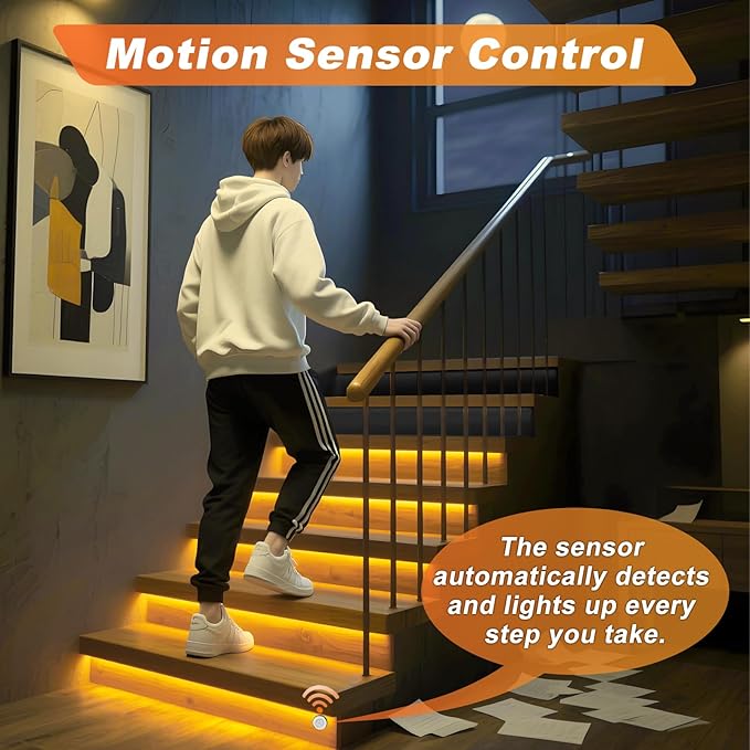 Smart Motion Sensor Stair Light for Indoor, No Wiring Required 40 inches Long COB LED Stair Lights Indoor with Remote Controller (Warm White 3000K,16 Stairs)