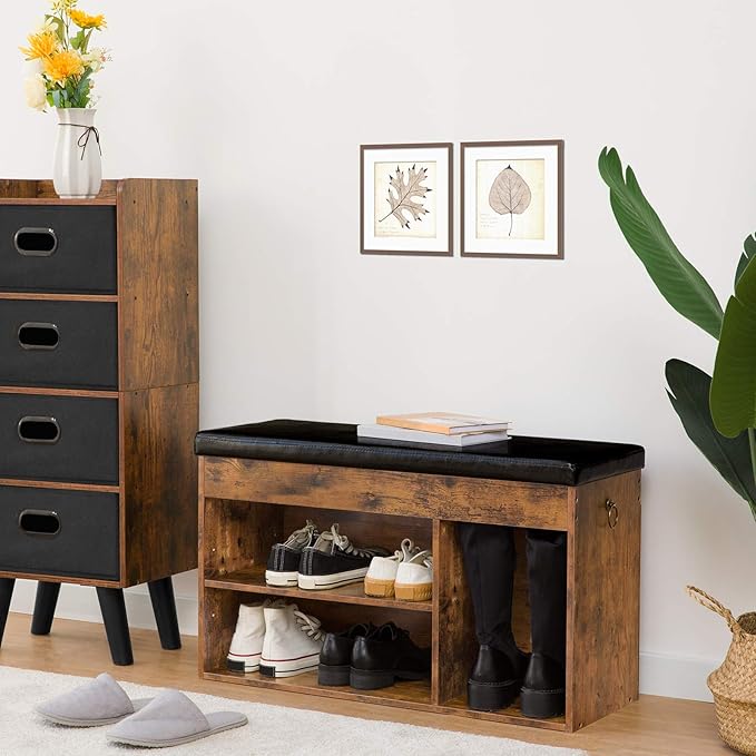 HOOBRO Shoe Storage Bench with Cushion, 32.3'' Entryway Bench with Lift Top Hidden Storage and Adjustable Shelves, Wooden Shoe Rack Bench for Entryway Bedroom, Rustic Brown and Black BF40HX01