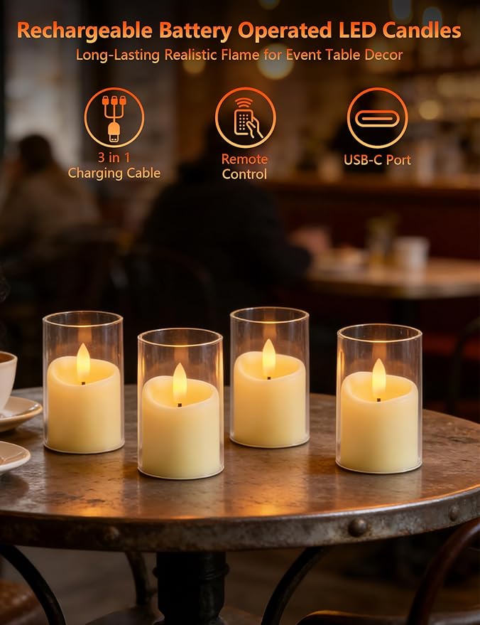 Rechargeable Acrylic Flameless LED Candles with Timer Control, Long Lasting Electric Tealights, Flickering Warm Glow Votive Candles for Holiday & Daily Decoration, (Set of 6, White)
