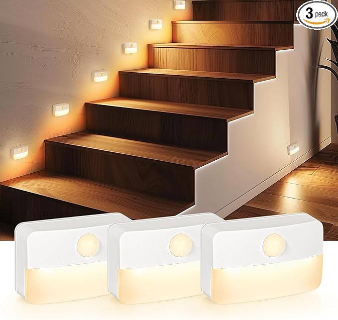 3 Pack Motion Sensor Stair Light for Indoor, Battery Operated Closet Lights, Wireless Stick on Anywhere Hallway Lamp, Portable Led Night Lamps for Bedroom Under Cabinet Kitchen