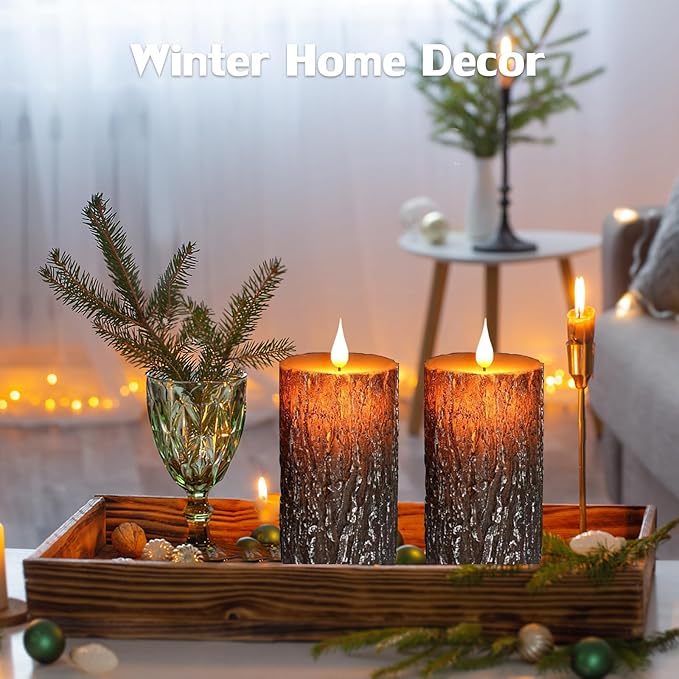 VEEKI Flameless Candles Lights, Set of 2 6"x3" Pine Bark Flickering LED Candles with Remote & Timer, Dimmable Pillar Candles Battery Operated, Real Wax Electric Candle for Christmas Winter Home Decor