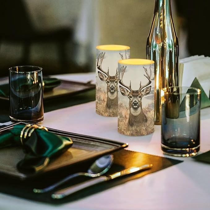 Deer Flameless Candles 2 Pack 6 x 3 inch Battery Operated Candles with Multicolor Timer Remote Control LED Fake Candles for Warm Light Dinner Table Home Decor