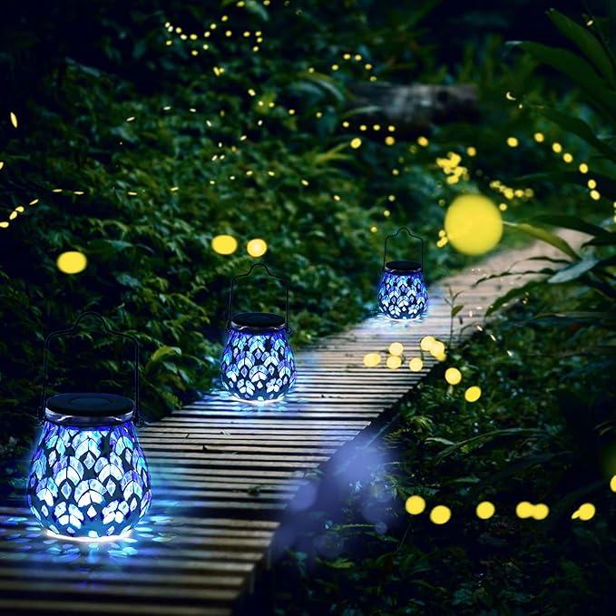 Bshine Mosaic Solar Lantern Outdoor Hanging Waterproof, Blue Mosaic Light Indoor Decorative Table, Garden Decor for Yard Outside, Path, Courtyard, Lawn, Outdoor Decor Gift for Mom