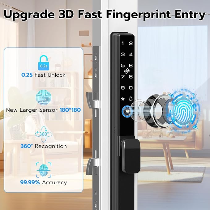 Sliding Door Lock, Smart Door Lock with Fingerprint RFID Keypad Bluetooth App Control, Electronic Biometric Digital Code with Double Hook for Thickness 22~110mm, Keyless Entry Patio Door Lock