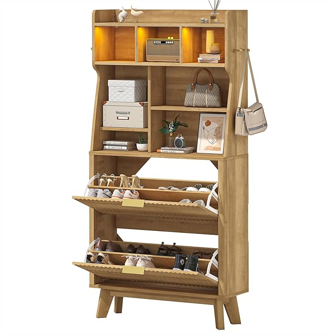TVU Hall Tree with 2 Height-Adjustable Flip-Top Shoe Cabinets, Rustic Style Entryway Coat Rack with LED Lights, Tall Entryway Coat Rack with 4 Coat Hooks & 7 Height-Adjustable Storage Compartments