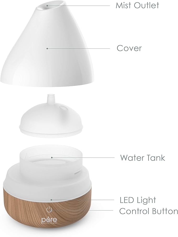 Pure Enrichment PureSpa Natural Aromatherapy Oil Diffuser (White) - Ultrasonic Air Deodorizer with 200ml Water Tank, Wood-Grain Accents, Soft Color-Changing Lights, and Auto Safety Shut-Off