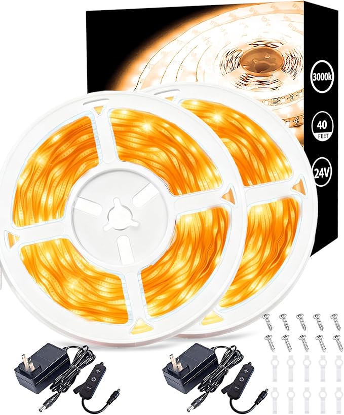 2 Set 20 FT Warm White Led Strip Lights for Bedroom Dimmable 40 FT 360 LEDs Rope Light Flexible Super Bright White Tape Lights for Ceiling Room Home Decor Luces LEDs