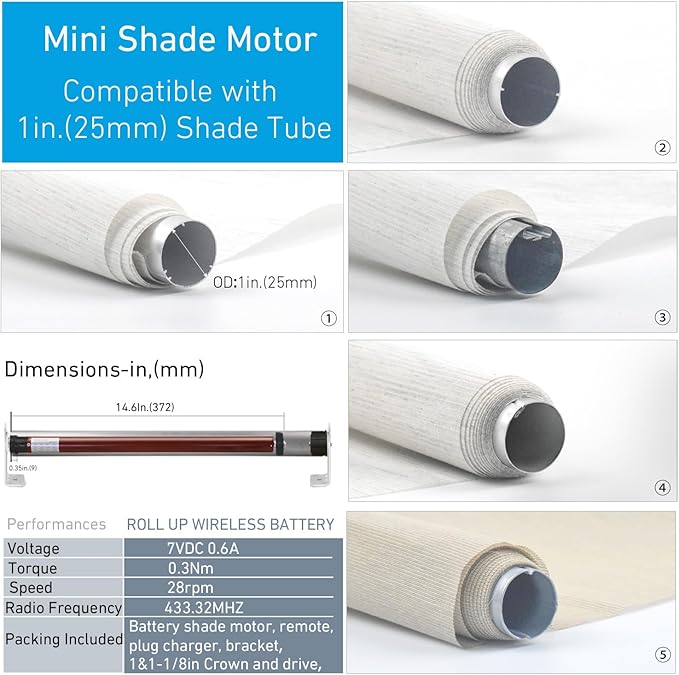 Rollerhouse Roller Shade Motor Motorized Systems for Interior Shades Motors Radio, Wireless, Quiet, Compatible with 1 inch Shade Tube