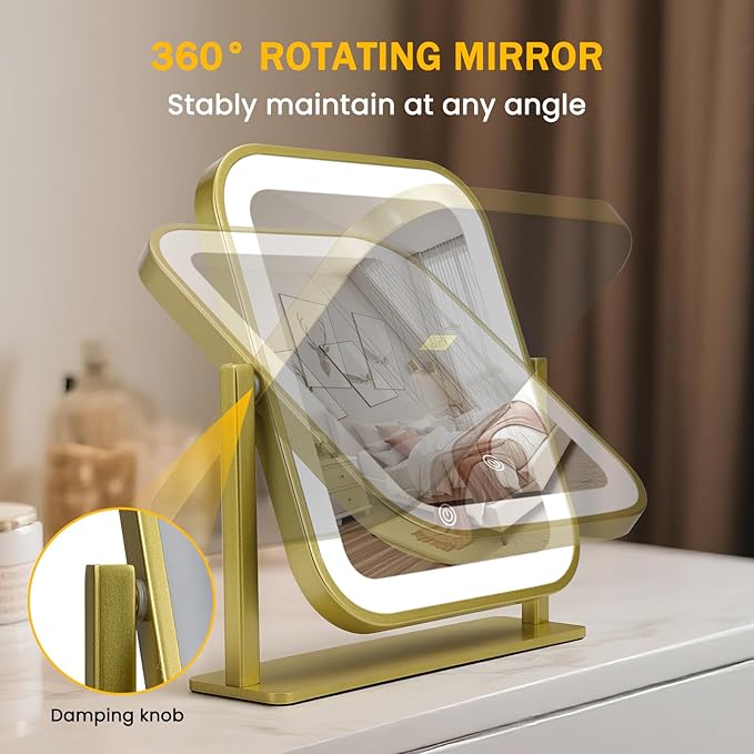 Vanity Mirror with Lights, 1500mAH, 10"×9" Makeup Mirror with Lights, Smart Touch with 3-Color Lighting, 360° Rotation, Portable LED Desk Mirror, Bedroom (Gold)