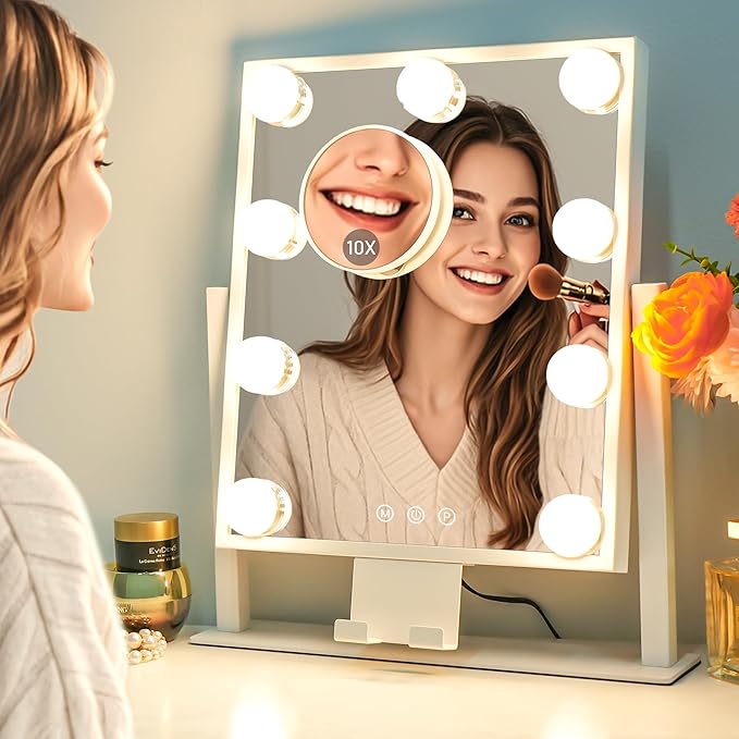 Kottova Makeup Mirror with Lights, 14" x 12" Vanity Mirror, Lighted Makeup Mirror with 3 Color Dimmable Lighting & Touch Sensor, Detachable 10X Spot Mirror, White