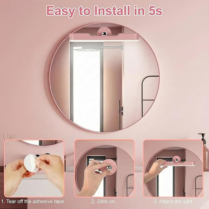 2 Pack Wireless Vanity Lights for Mirror, Rechargeable Battery Operated Makeup Light, Adjustable Light Bar, Magnetic Stick on LED Lighting Bathroom Decor Accessories, Pink