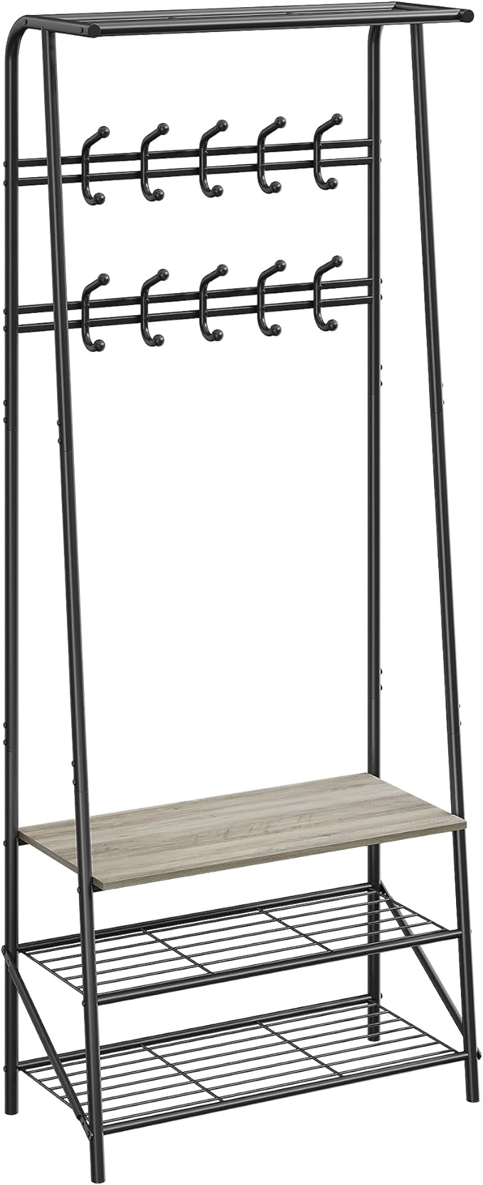 4-in-1 Hall Tree with Shoe Bench & Double Row Hooks (10) – 3-Tier Storage Shelf, Metal Frame, Wood Accent – Entryway Coat Rack for Hallway, Bedroom – Gray, 60cm Wide
