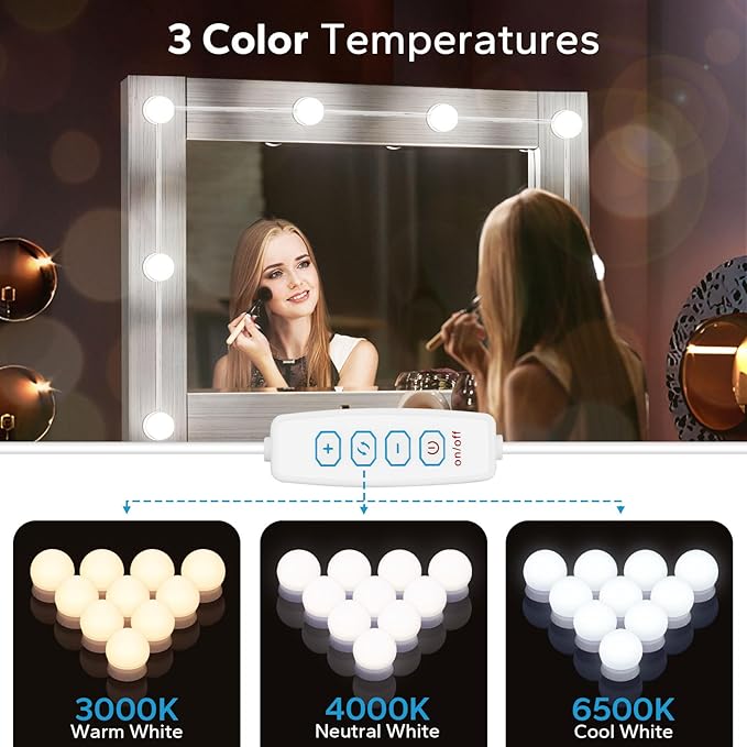 LED Vanity Lights For Mirror, Vanity Lights Stick on with 10 Dimmable Bulbs, 3000K 4000K 6500K & 10 Level Brightness Adjustable, USB Cable, Hollywood Mirror Lights for Makeup Dressing Room Bathroom