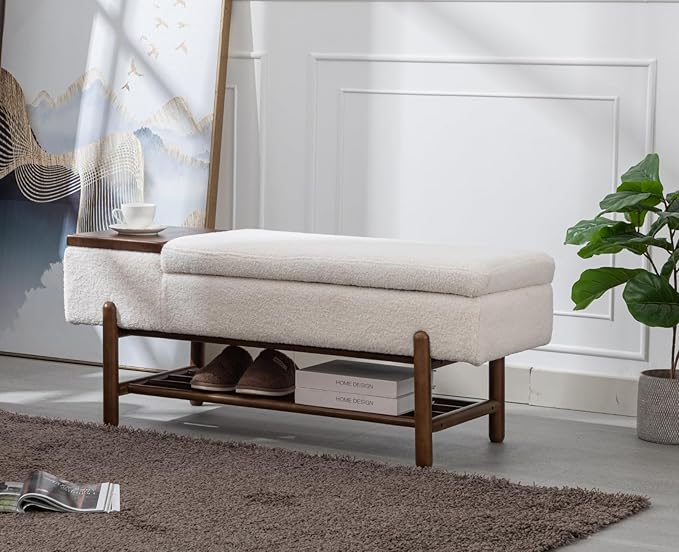 Modern Entryway Storage Bench, Upholstered Shoe Ottoman Bench, Sherpa Flip-Top End of Bed Bench with Wood Shelf/Coffee Table for Living Room/Bedroom/Hallway/Under Window,46.5 Inches,Beige Fur
