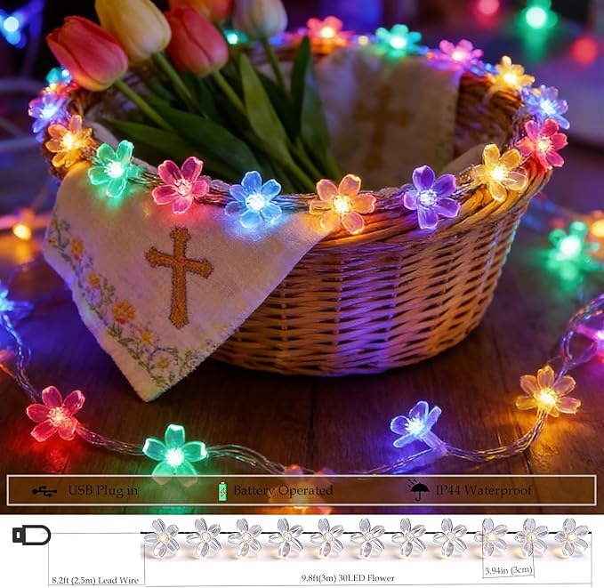Battery Operated and USB Plug in Fairy Flower String Lights, 9.8 ft 30 LED Cherry Blossom 8 Modes Timer Indoor Bedroom Party Wedding Garden Christmas Easter Tree Hanging Decorations (Multi Color)