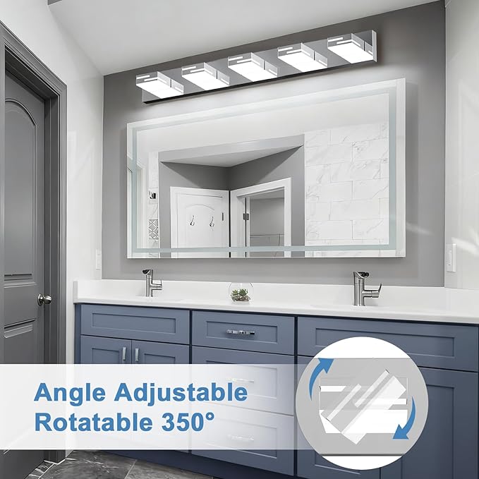 LED Modern Bathroom Vanity Light Fixtures, 5-Light 34-inch Dimmable Chrome Vanity Lights for Bathroom Lighting Fixtures Over Mirror, with 350° Rotatable Heads (Cool White 6000K)
