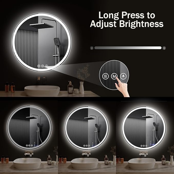 LED Bathroom Mirror 20 Inch Round Bathroom Mirror with Lights, Circle LED Mirror, Wall Mounted Lighted Bathroom with 3 Colors Brightness, Anti-Fog, Dimmable, Shatter-Proof
