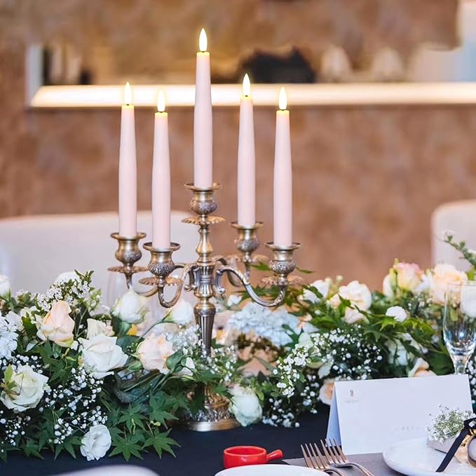 Pink Flameless Taper Candles, Spring LED Flickering Taper Candles Battery Operated with Remote Timer, 4 Pcs Flameless Candlesticks for Spring Wedding Home Decorations(D0.78” x H8.1”)
