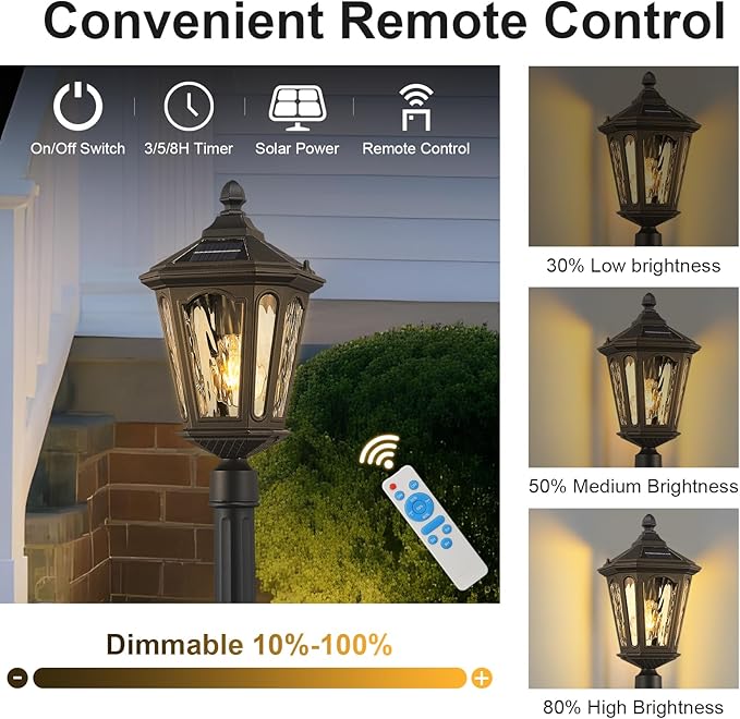 LED Solar Post Lights, Outdoor Waterproof Solar Pathway Lights Exterior Auto On/Off Garden Pole Stake Lighting Outside Dusk to Dawn Lamp for Lawn Path Walkway, Ground Plug, Remote Control