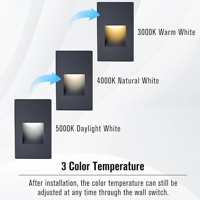 Outdoor Step Light Indoor Stair Lights, 120V LED Dimmable, 3000K/4000K/5000K 3 Color Selectable, 4W IP66 Waterproof Deck Lights for Steps, Black Vertical, 3-Pack