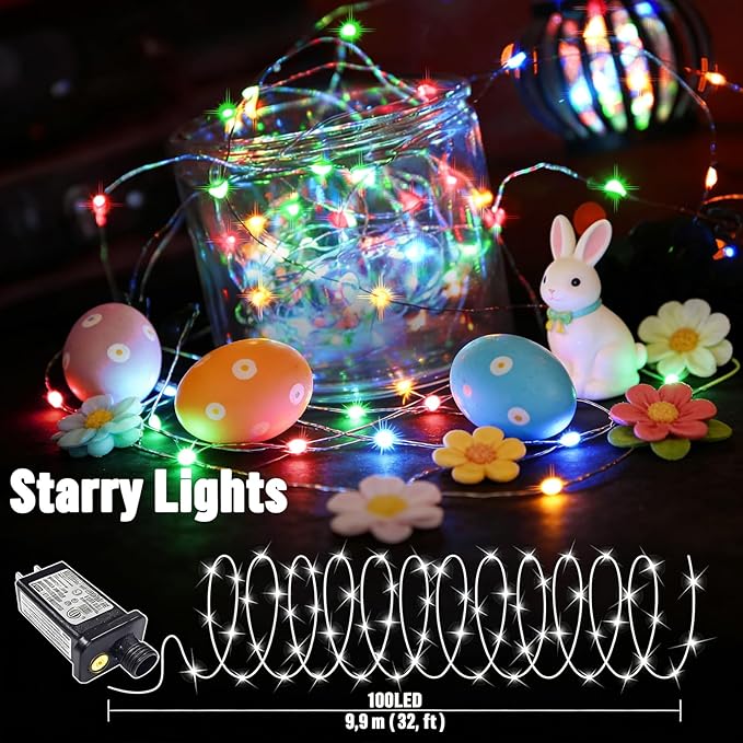 LAMPHOME Easter Fairy Lights Plug in, 33Ft 100 LEDs Waterproof Twinkle Firefly Lights, Adaptor Included, Starry Multicolor String Lights for Wedding Indoor Outdoor Christmas Patio Garden Decoration