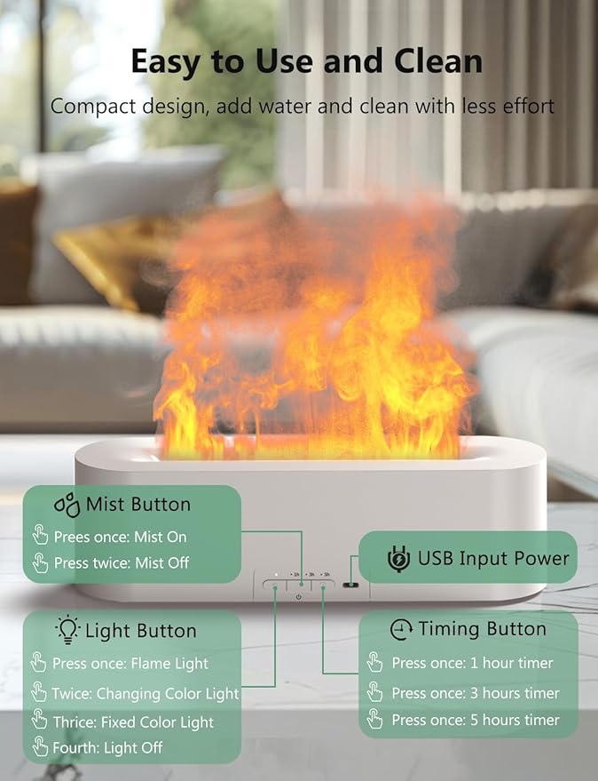 Flame Air Diffuser, Humidifier, Essential Oil Diffuser - 7 Colors, 180mL Capacity (8 Hours), Noiseless Operation, Auto-Off Protection - Perfect for Home Bedroom Office Gifts(Ivory)
