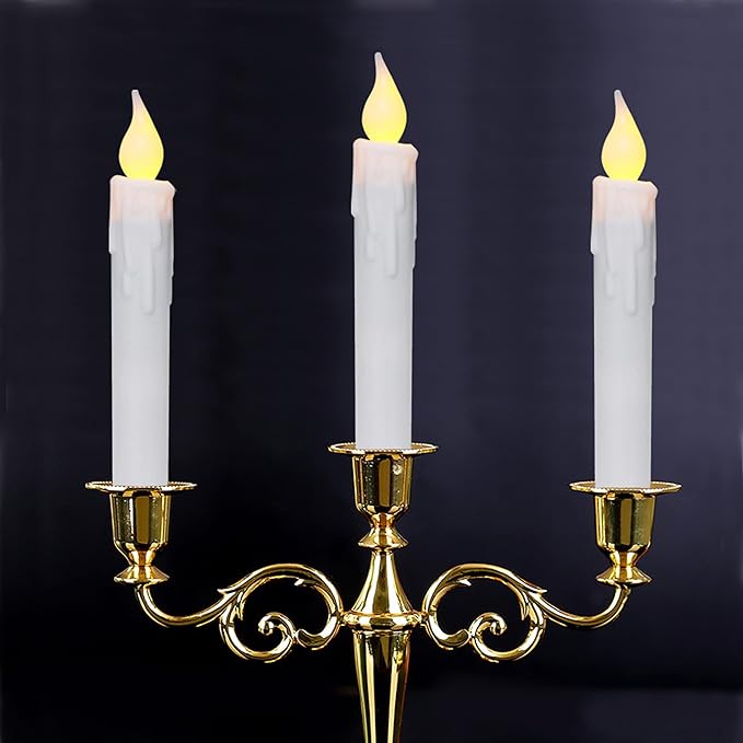 CVHOMEDECO. Flickering Taper Candles LED Drip Flameless Candles, Battery Operated with Timer, White, 6-3/4 Inch, Set of 3