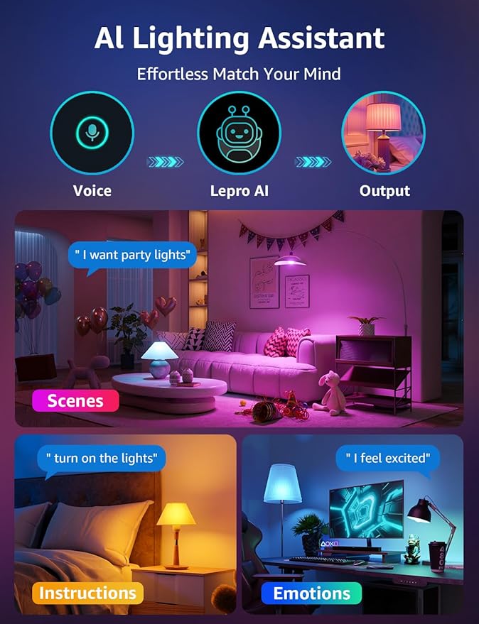 Lepro B3 AI Smart Light Bulbs - 1500LM 100W Equivalent A21 Bulb, WiFi & Bluetooth RGBWW Color Changing, Works with Alexa & Google Assistant, AI Voice Control by App, Music Sync, 2.4GHz Only (4 Pack)