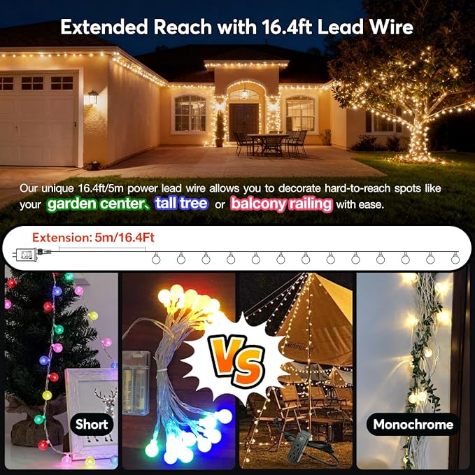 65.6ft Warm White Globe String Lights, 150 LED with 16ft Extended Lead Wire & Remote, 8 Modes, IP44 Waterproof Plug in Linkable Lights for Outdoor Indoor Party Wedding