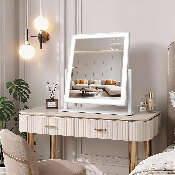 Vanity Mirror with Lights 16.5"x 14.5", LED Makeup Mirror, 3 Color Lighting Modes, 10X Magnification, Smart Touch Control, Dimmable, Aluminum Metal Frame, Lighted Up for Vanity Desk (White)