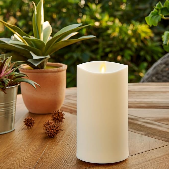 Luminara Outdoor Flameless LED Ivory Candle Melted Edge 3.75" x 7" Real Moving Flame Battery Operated Timer Plastic Weather-Resistant