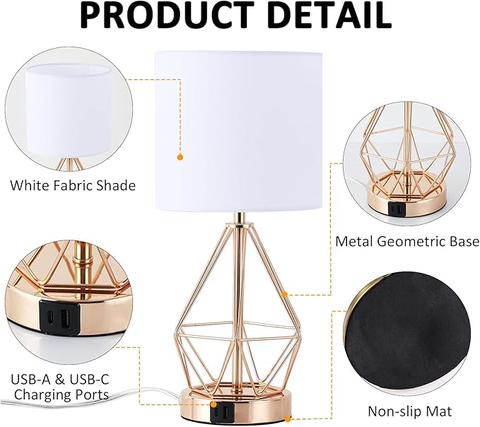 Table Lamp with USB Port, 3 Way Dimmable Touch Lamps for Nightstand, Modern Small Bedside Lamp with Fabric Shade, Gold Side Table Lamp for Bedroom Living Room, USB A & USB C, LED Bulb Included