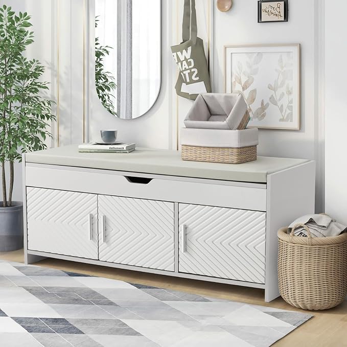 ECOTOUGE Storage Bench, Shoe Bench with Lift Top Storage, Entryway Bench with Cushioned Seat, Adjustable Shelf for Living Room, Bedroom, Hallway, Light Grey