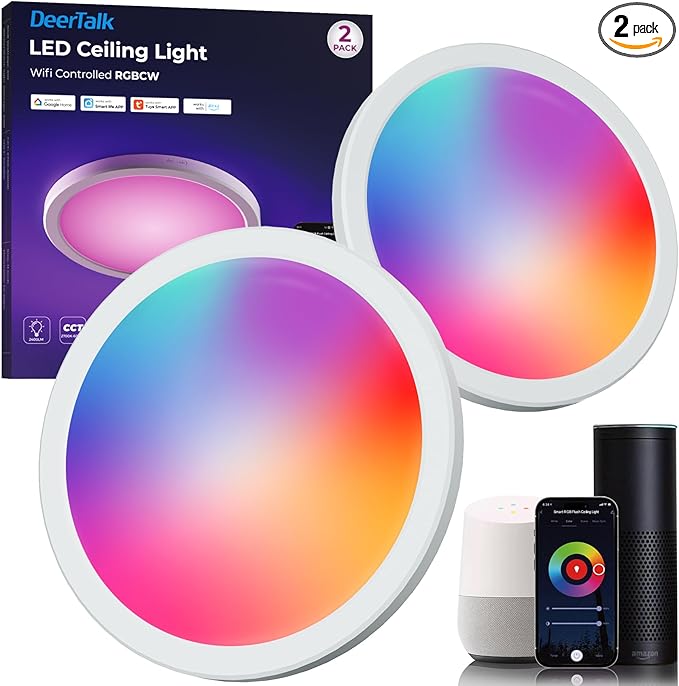 12 Inch Smart Ceiling Light, 2400LM RGBCW LED Flush Mount Ceiling Light Work with App & Voice Control, 2700K-6500K Dimmable LED Ceiling Light Fixture for Living Room Bedroom Gaming Room, 2 Pack