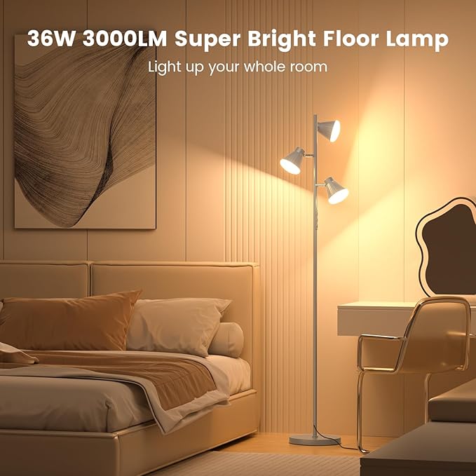 36W LED Tree Floor Lamp, Dimmable Tall Standing Lamp with Remote & Touch Control, 4 Color Temperatures Bright Floor Lamp, 3 Rotatable Light Modern Floor Lamps