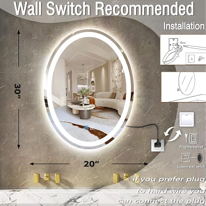 30 x 20 Inch Oval Vanity Mirror with Lights 3 Color Dimmable Memory Front Back Lights Oval LED Lighted Mirror for Bathroom Makeup Wall Mounted 30" Ovals Smart Light up Mirrors Anti Fog Modern