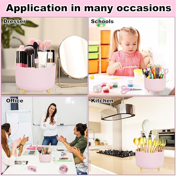 Pink Desk Organizers and Accessories Set with 360-Degree Rotating Pen Holder, Tape Dispenser, Stapler, Staple Remover, 1000 Staples, Tape, Clips Set, Ruler, Scissor, Pen