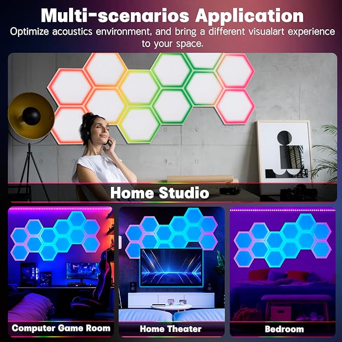 12 Pack Blacklight Acoustic Panels, 14"X 12" X 0.4" Hexagonal UV Reactive Sound Proof Panels for Wall, Sound Absorbing with Self-Adhesive, DIY Decor for Computer Game Room, Bedroom