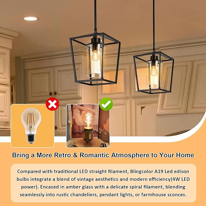 A19 Vintage LED Edison Bulbs 40 Watt, Dimmable E26 LED Edison 2200K Warm Light Bulbs, 4W Equal 40 Watt Incandescent Bulbs, 4 Pack Decorative Antique Spiral Amber Light Bulbs, 300LM, CRI90+